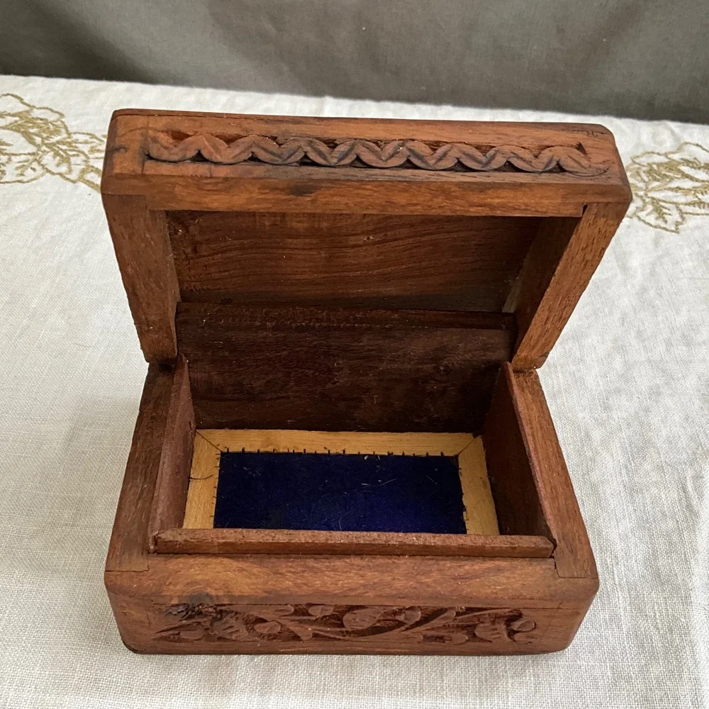 Hand Carved Wooden Jewelry Trinket Box Floral Vine Design Blue Velvet Lining
